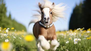 Playful pony in a field of flowers photo