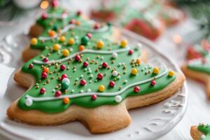 festive christmas tree shaped cookie with colorful sprinkles photo