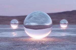 Surreal glass sphere reflecting sunset over serene lake photo