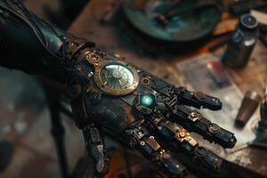 Intricate steampunk mechanical arm with gears and dials photo