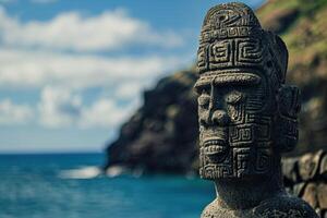 Ancient stone carving against ocean backdrop photo