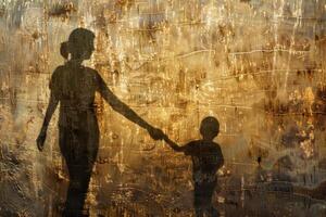 Silhouettes of two people holding hands in a grunge background photo