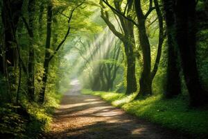 Enchanting forest path with sunbeams photo