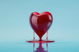 Glossy red heart dripping on water photo