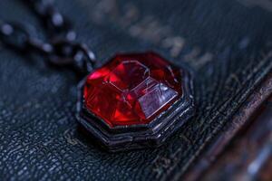 Glowing red crystal on dark textured surface photo