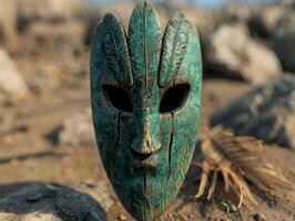 Mysterious wooden mask with intricate carvings photo