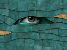 Emerald eye peering through cracked glass photo