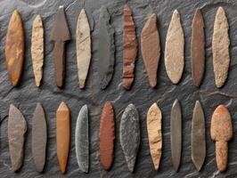 collection of ancient stone tools and arrowheads photo