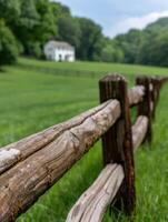 Rustic wooden fence in a lush green field photo