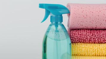 cleaning supplies and towels on white background photo