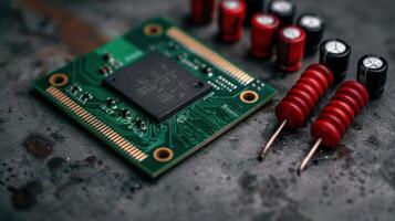 Close up view of a computer circuit board with electronic components photo