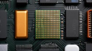 Close up view of a computer circuit board with various electronic components photo