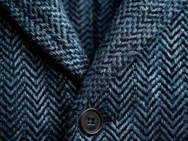 close up of a textured woolen fabric with herringbone pattern and button photo