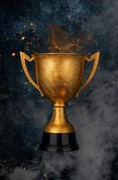 golden trophy award on dark background photo