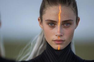 Dramatic portrait of a young woman with intense expression photo