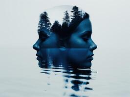 Surreal double exposure portrait with forest reflection photo