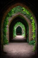 Enchanting stone archway surrounded by lush greenery photo