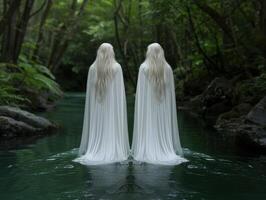 Mysterious ghostly figures in a serene forest landscape photo