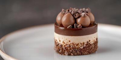 Decadent chocolate dessert with creamy filling and chocolate topping photo