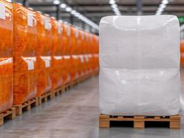 Warehouse storage with stacked plastic wrapped pallets photo