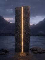 Mysterious glowing monolith in remote landscape photo