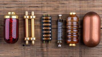 Assortment of vintage electrical components on wooden background photo