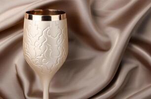 elegant champagne flute with embossed pattern on satin fabric photo