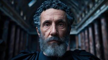Intense expression of an older man with a long beard photo