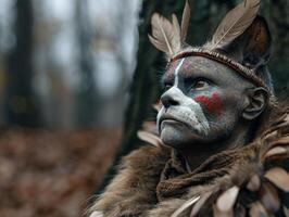 Tribal warrior with face paint and feathers in the jungle photo