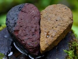 Closeup of two unique and textured rocks on mossy log photo