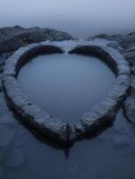 heart shaped rock pool in moody, misty landscape photo