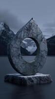 Mysterious stone arch in serene mountain lake photo
