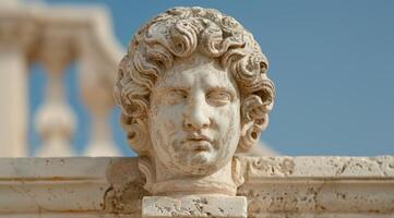 ancient greek statue head with intricate carved features photo