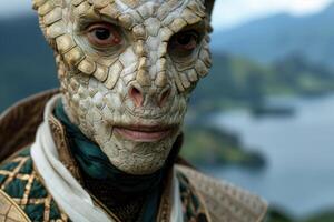 Mysterious creature with scaly face and intense eyes photo
