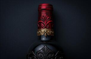 Ornate red and gold glass bottle on dark background photo