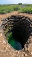 Mysterious underground cave with green water photo