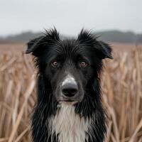 close up portrait of a black and white border collie dog in a field photo