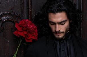 Brooding man holding a red rose photo