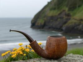 Scenic coastal view with wooden pipe and yellow flowers photo