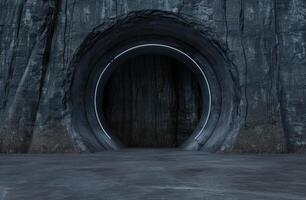 Mysterious dark tunnel entrance with glowing ring photo