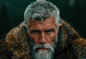 Rugged and weathered face of an older man with a thick beard photo