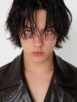Moody portrait of a young person with dark, messy hair photo
