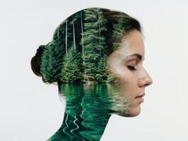 double exposure of womans profile and forest reflection photo