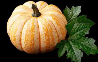 Close up of a vibrant orange pumpkin with green leaves photo