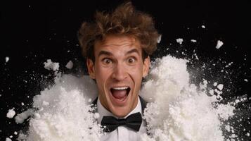 man with shocked expression in snowstorm photo