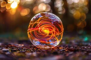 Swirling glass orb with colorful lights photo