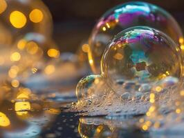 Colorful soap bubbles with reflection photo