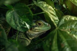 Close up of a green lizard in the jungle photo
