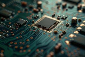 Closeup of a computer circuit board with electronic components photo