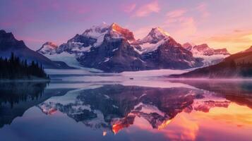 Majestic mountain landscape reflected in serene lake at sunset photo